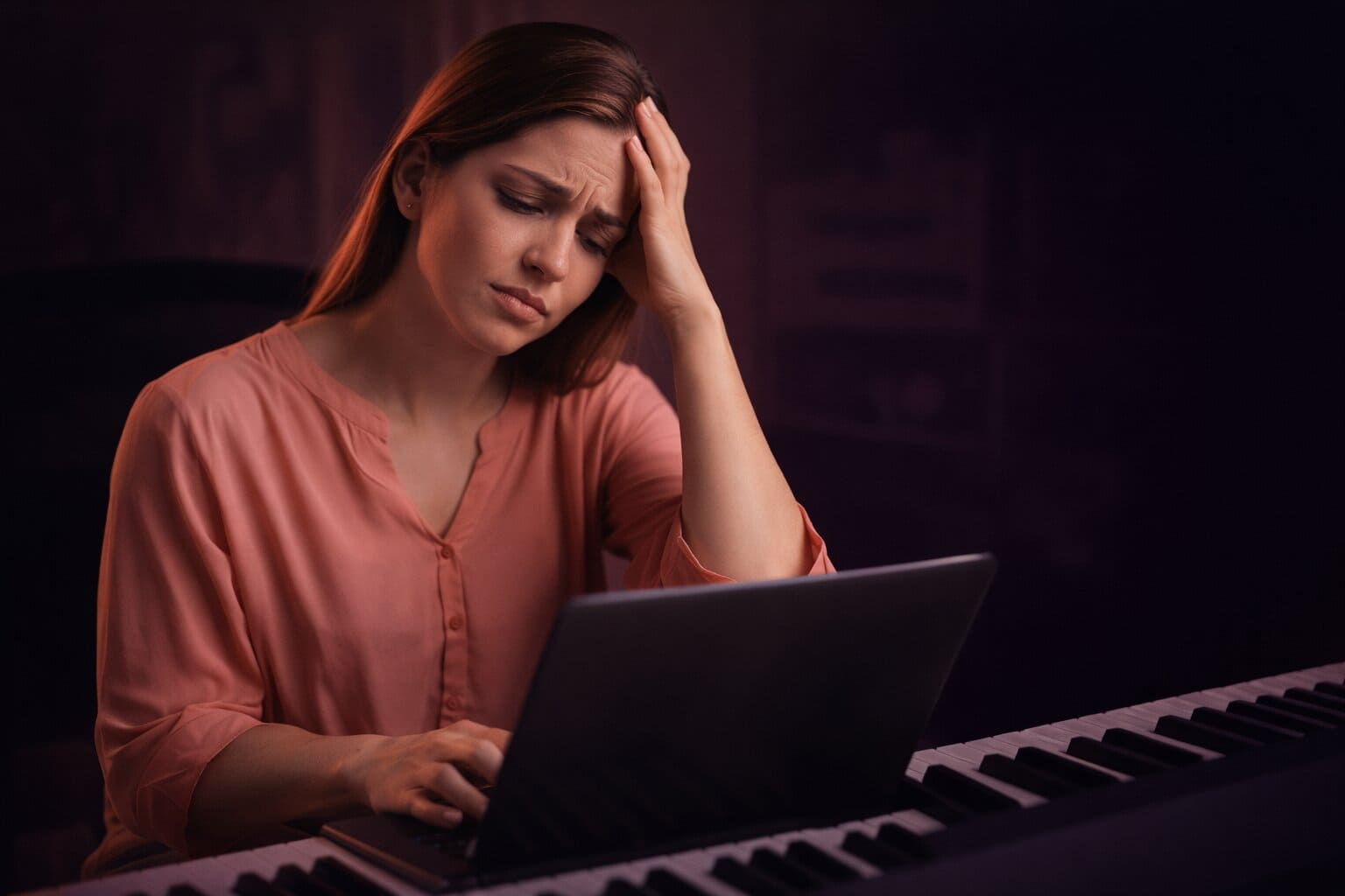 Pessoa frustrada tentando aprender teclado